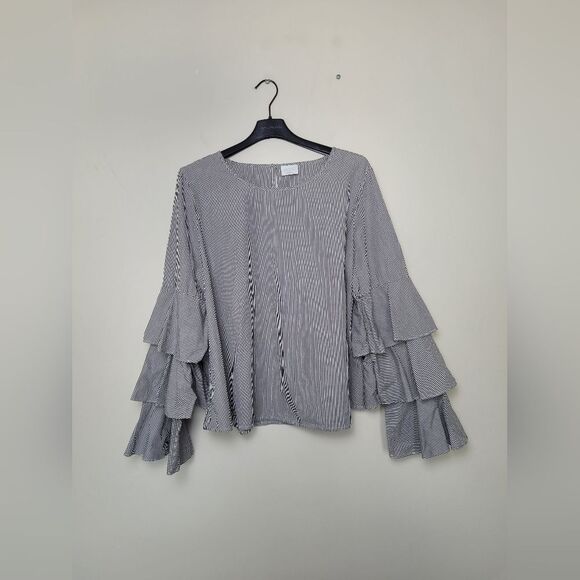 Abound Flutter Sleeve Blouse 100% Cotton Dramatic Striped Career Romantic Large - Picture 6 of 12